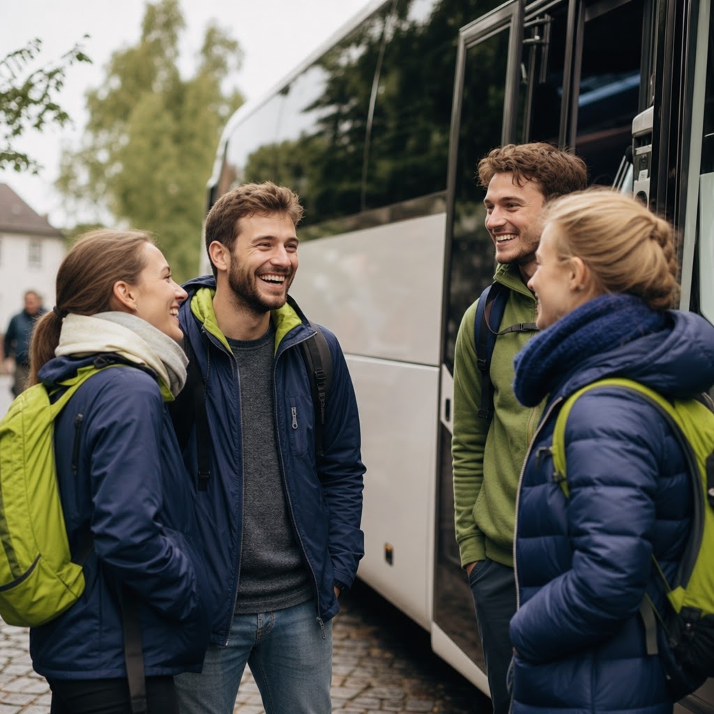 Skupina priateľov pri autobuse K-BUS