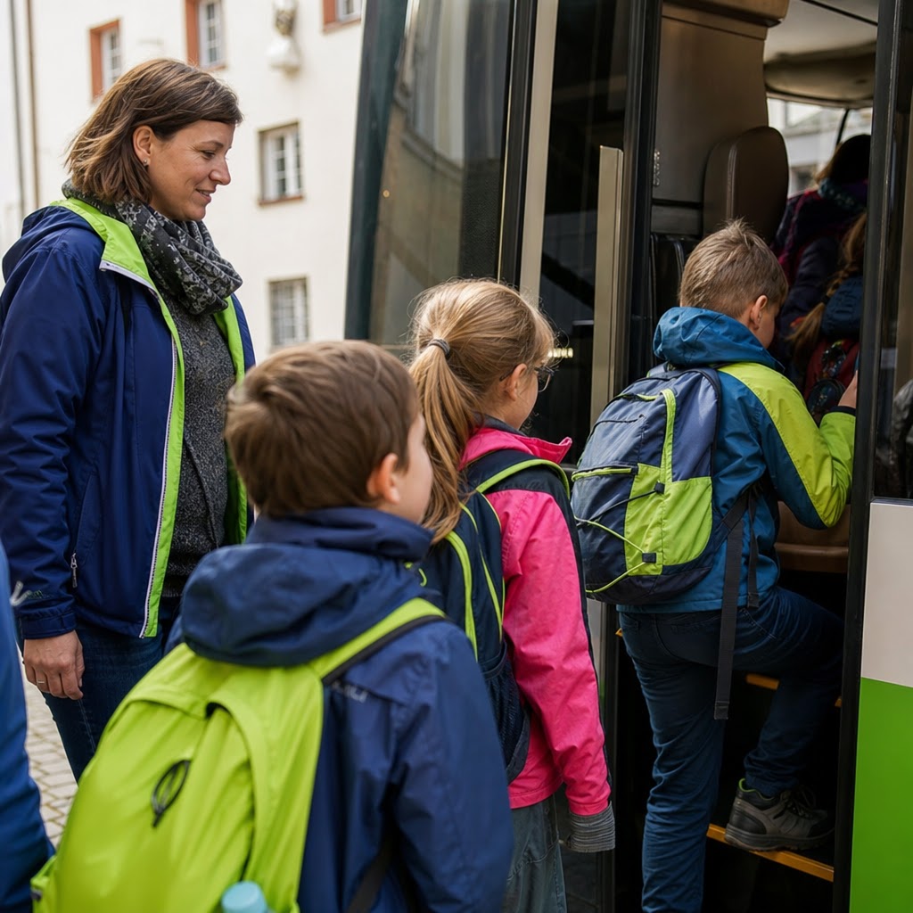Školská skupina nastupuje do autobusu K-BUS